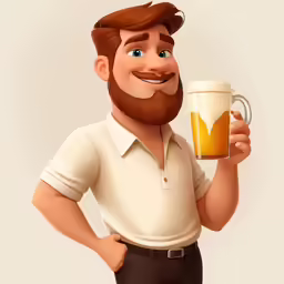 a man in a white shirt is holding a glass of beer