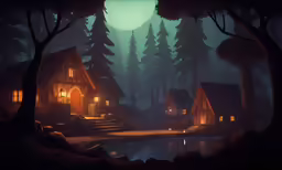 the cabin sits next to a lake at night with many lights