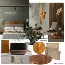 a bed room with green and gray colors