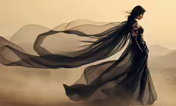 a woman with a flying dress and mountains in the background