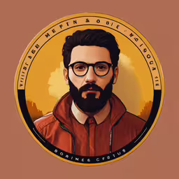 an avatar is featured with glasses and red jacket,an illustration of a person with glasses and a beard