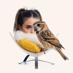a woman that is holding an owl in her hand