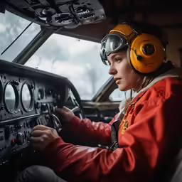 a woman is wearing headphones while looking at the control screen