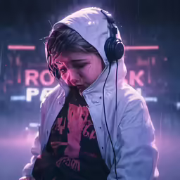 a woman in headphones is in the rain