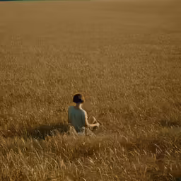 a woman sits in a field of grass