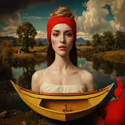 a girl with red hair is sitting in a boat,a girl sitting in a boat surrounded by clouds and grass