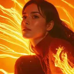 a beautiful woman with a fire painted background