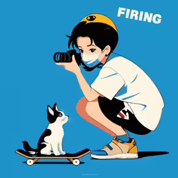 a girl with a camera and cat, wearing a mask
