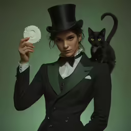 a woman in a black suit with a white plate and a cat