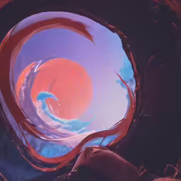 a black and red object with some blue water,a bowl is seen in this unusual, artistic picture