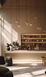 the light shines brightly on the lights in the kitchen