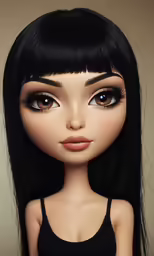 a black doll with big eyes and a black dress