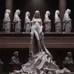 a statue of a woman with long sleeves surrounded by statues