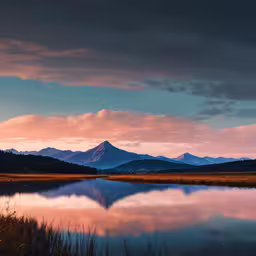 a lake near some mountains under a purple sky,mountain ranges reflected in a calm lake surrounded by tall grasses