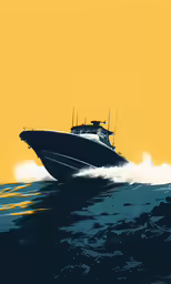 a large black boat in the ocean at sunset