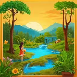 a painting of a girl in an orange dress with her back to the camera,a painting of a girl standing in front of a stream