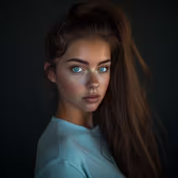 a girl with a light makeup looks directly into the camera,a beautiful woman with blue eyes and long hair