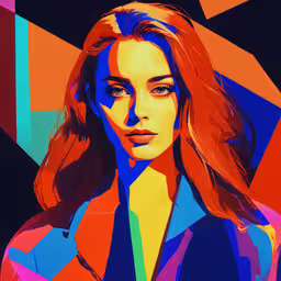 a digital painting of a woman wearing a jacket and tie,a digital art work of a woman in a blue dress