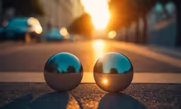 two shiny spheres sitting on top of a sidewalk