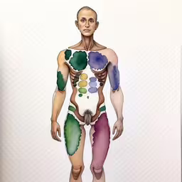 a man in a body painted to resemble the structure of his body,this is the structure of the human body with a color scheme