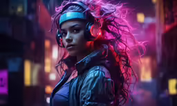 a woman with headphones and a black jacket