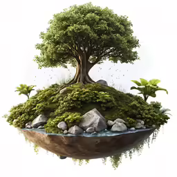 an upside down tree is covered with green vegetation