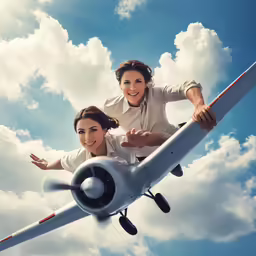 two people on a plane in a cloudy sky