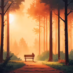a bench on a pathway in front of a misty sunset,a person sitting on a bench in the forest with bright yellow light coming through
