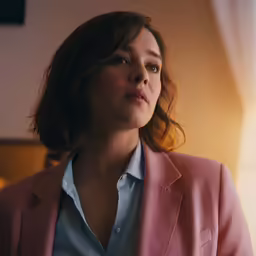 a woman wearing a pink suit stands next to a light in a room