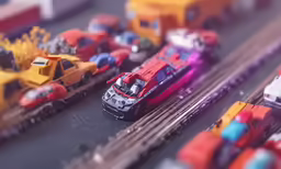a set of toy trains and trucks lined up together