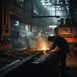a person standing in a factory working on a piece of metal