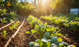 the sun is shining brightly above a row of lettuce plants