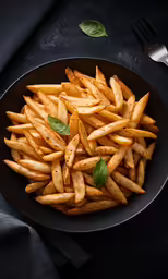 a plate with french fries and a fork
