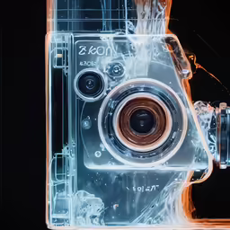 an orange colored camera with a black background