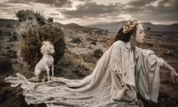 a beautiful woman in a white gown sitting on a rock with a horse