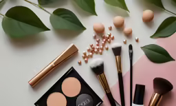 various makeup products on a table with plants