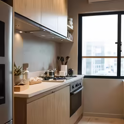 a kitchen with stove, microwave and window in the corner