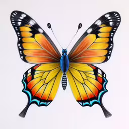 an illustration of a yellow and blue butterfly,a large orange and blue butterfly sitting on top of a table,colored butterfly that has been created into a drawing,a colorful butterfly on white paper with black and yellow wings,a picture of a butterfly on a white background