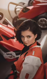 a woman in an orange racing suit poses in front of a red motorcycle