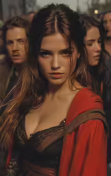 a woman with long hair is posing in front of some men