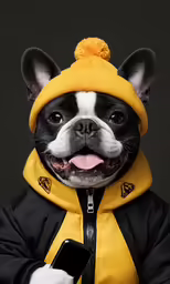 a black and white dog with yellow coat and a cell phone