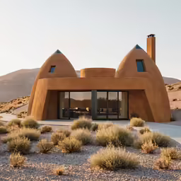 a futuristic looking house made from adobe in the desert