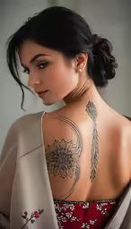 the back of a woman with tattoo on her upper