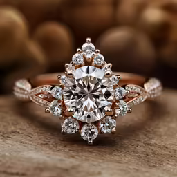 an ornate engagement ring is shown on top of a table
