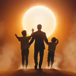 a man and three children walking through fog under a sun