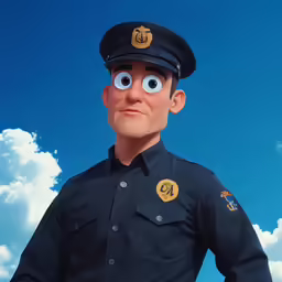 a cartoon character of an officer with fake eyes
