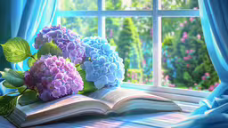 a book and flowers on a window sill,a bouquet of flowers resting on top of an open book