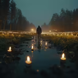 a person walking down a wet path with some lights