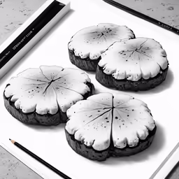 three pieces of cake on a plate with some pencils next to it