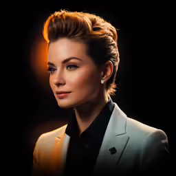 a close up image of a woman in white jacket and black shirt